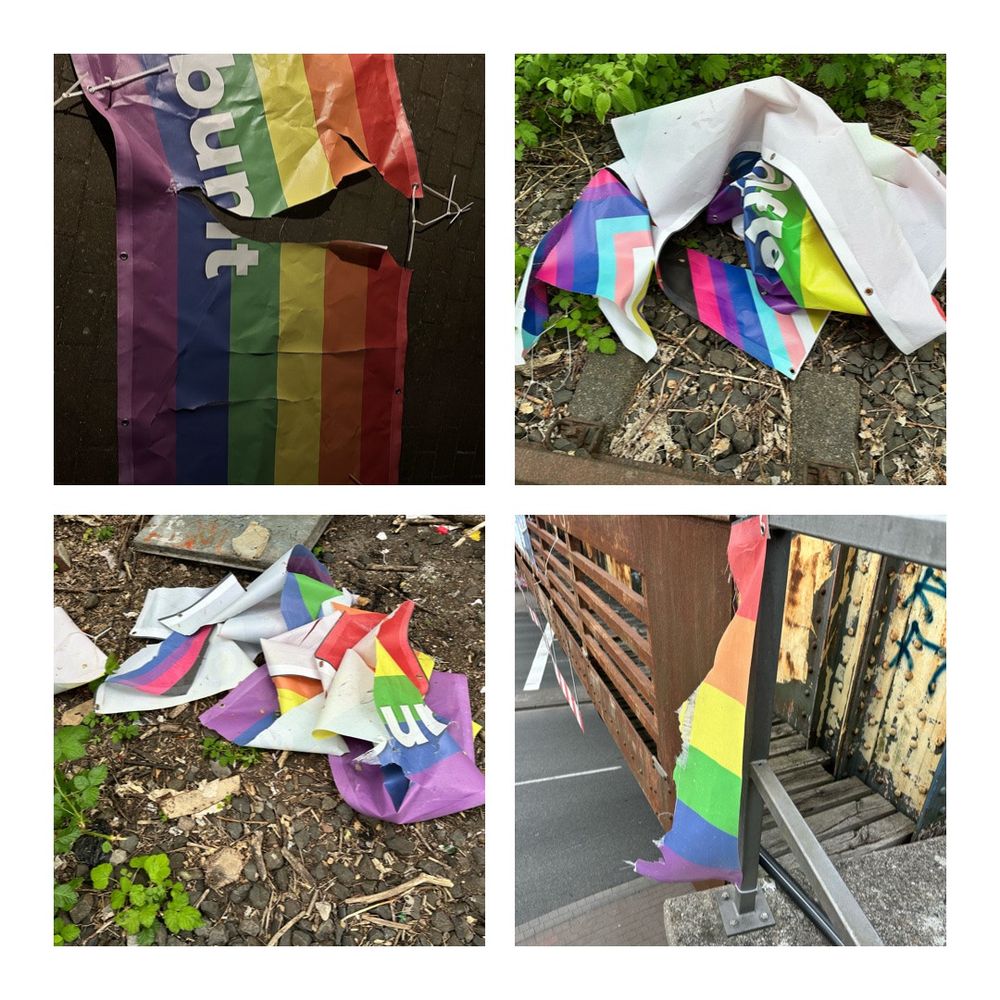 Vier Fotos von zerschnittenen Regenbogenbannern.