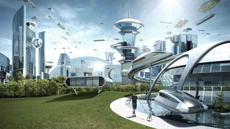 image for "the world if" meme. a futuristic utopia city with flying card and clean bright metal glass builds. a woman walks her dog.