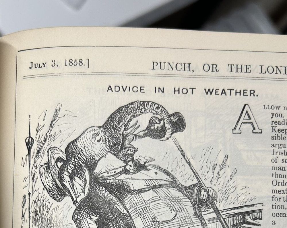 A photo of a book page with the date 'July 3 1858' and the title 'Advice in hot weather'. A drawing of an elephant takes up most of the image, the elephant is wearing a suit and leaning back to pour a bottle of liquid into its mouth.