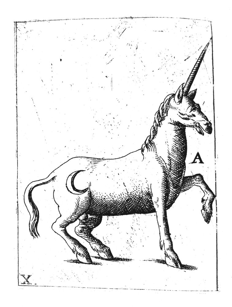 A black and white engraving of a unicorn with a crescent moon on its hind quarters.