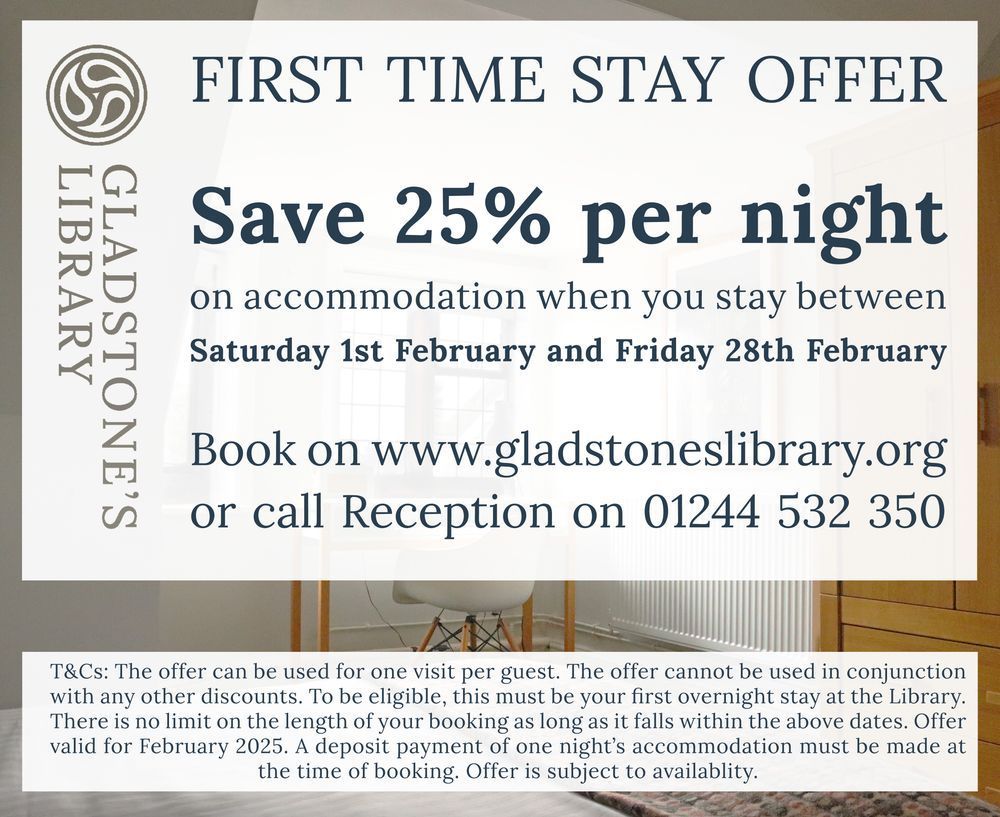 An image setting out the February first time stay offer, as outlined in the plain text below. T&Cs are: T&Cs: The offer can be used for one visit per guest. The offer cannot be used in conjunction with any other discounts. To be eligible, this must be your first overnight stay at the Library. There is no limit on the length of your booking as long as it falls within the above dates. Offer valid for February 2025. A deposit payment of one night’s accommodation must be made at the time of booking. Offer is subject to availability.