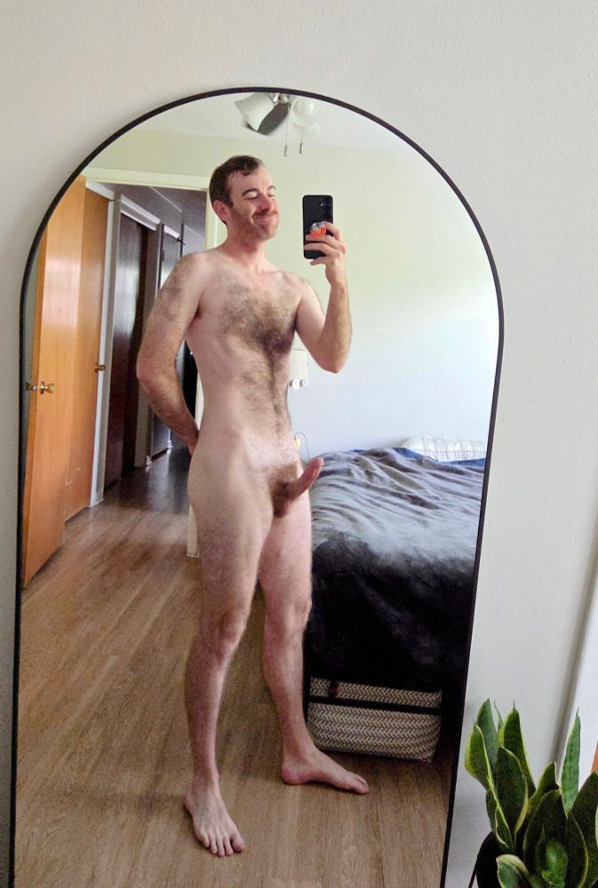 Naked mirror pic with hard cock