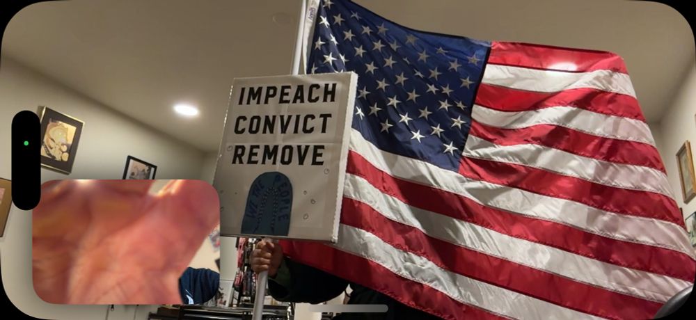 Screenshot of FaceTime chat with the subject holding an American flag in front of their face, with a sign attached to the flag pole saying impeach convict remove