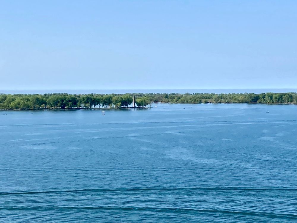 Looking across Presque Isle Bay toward Presque Isle with open waters of Lake Erie beyond