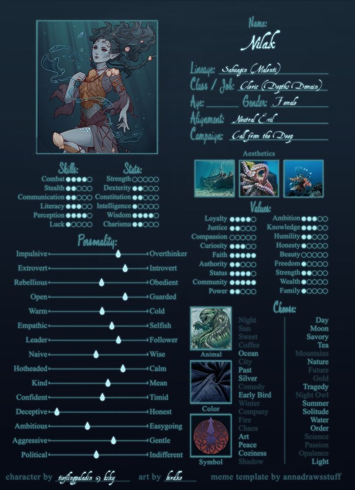 An OC meme filled out with information related to my D&D character, Nilak. It includes character art drawn by birdko and the meme template was created by annadrawsstuff.