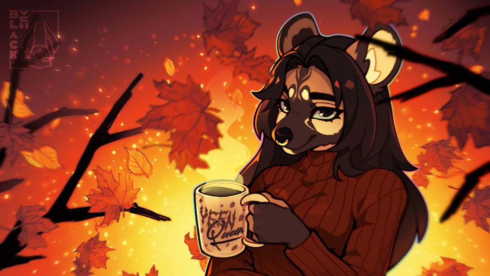 Maeva (A spotted hyena) holds a coffee mug with the words “YEEN QUEEN” written on it. The background is a flurry of maple leaves and branches