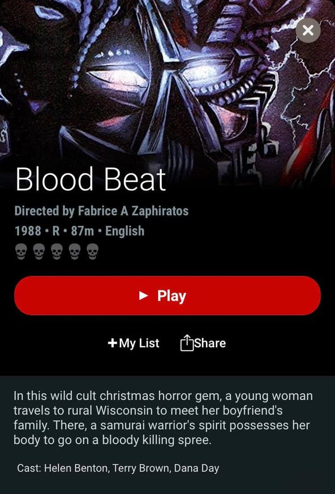 Poster for the movie Blood Beat. In this wild cult Christmas horror gem, a young woman travels to rural Wisconsin to meet her boyfriend's family. There, a samurai warrior' spirt possesses her body to go on a bloody killing spree. 