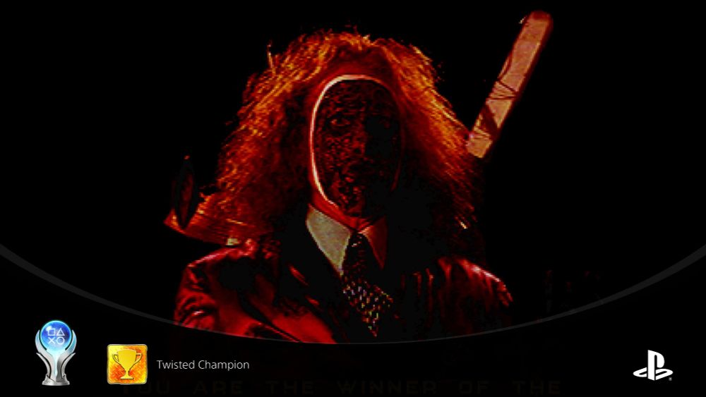 A red-lit image of Calypso shows during an ending while the platinum trophy is earned in Twisted Metal 1.