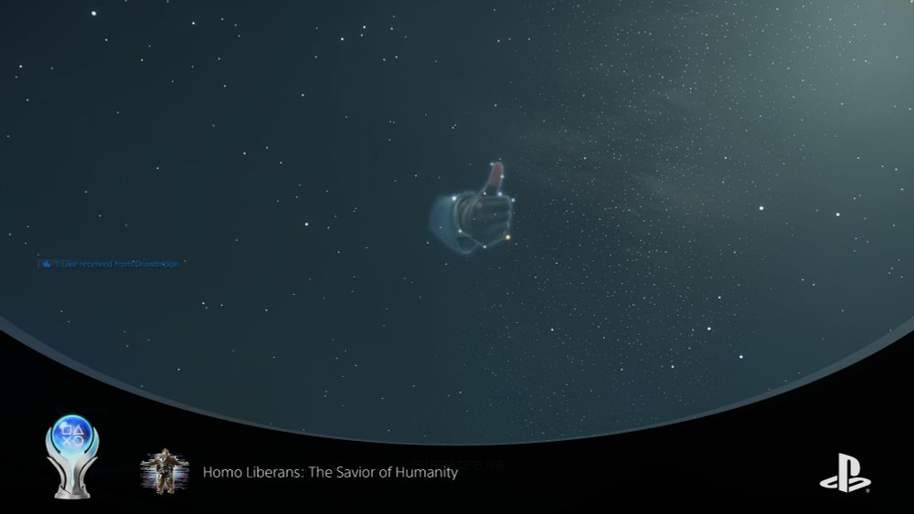 A night sky with a constellation forming a thumbs up "Like" in Death Stranding 2: On the Beach.