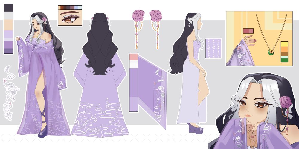 Character reference sheet for a Chinese moon goddess vtuber. She wears a Chinese traditional hanfu with a pair of peony hair pins. Her hair is black with the front section being white. She wears a jade necklace with a golden coin. 