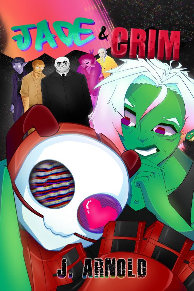 This is my graphic novel book cover. Give it a read! It's a scifi story called, Jade & Crim.