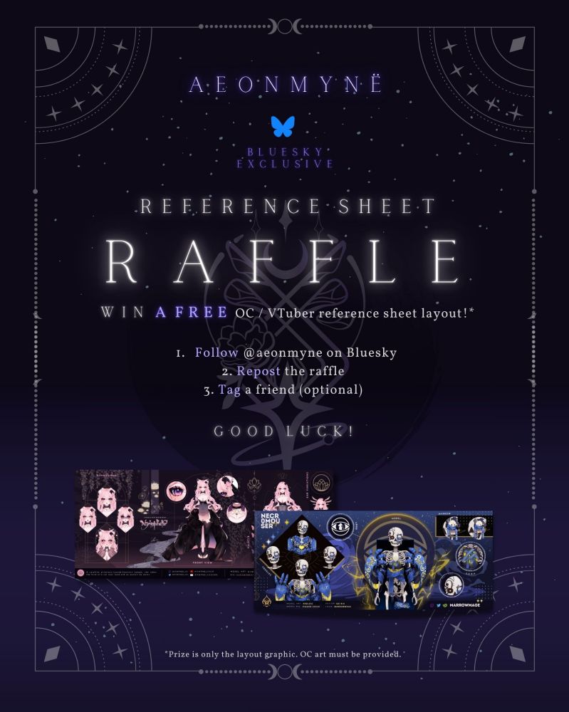 Graphic design raffle for a free OC / VTuber complex tier reference sheet graphic. To enter Follow & Repost. Tag a friend if you like. Ends 2nd November (AEDT).