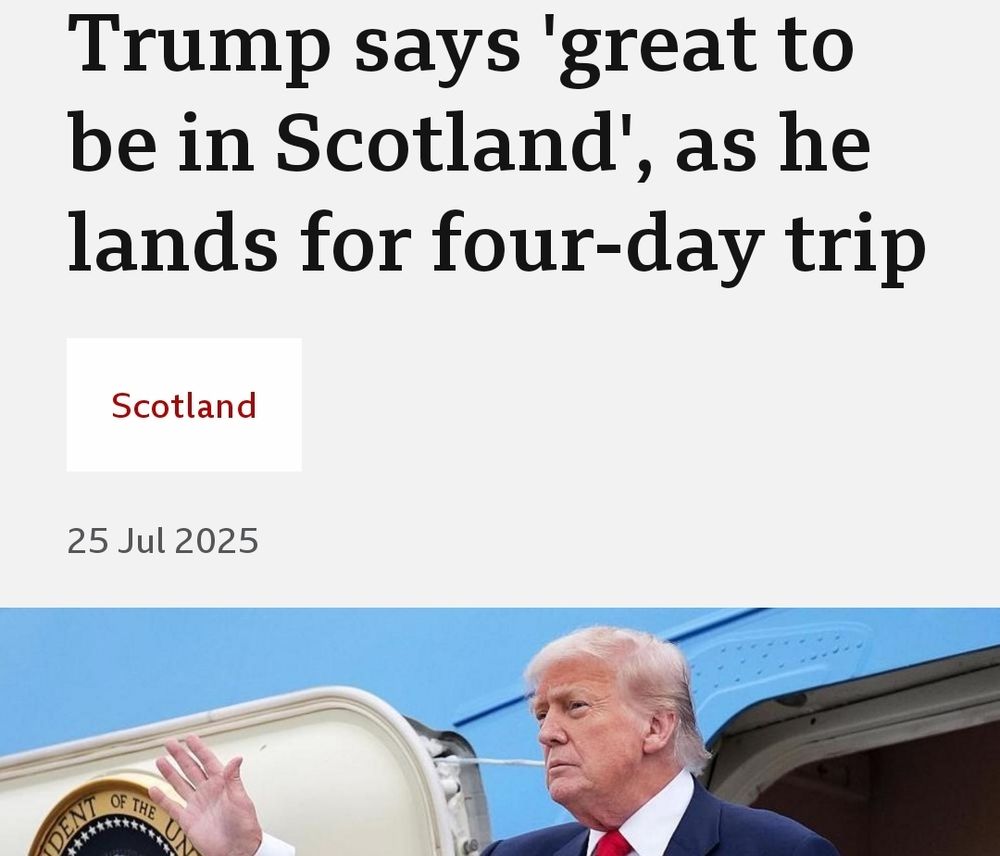 Bbc news headline: Trump says 'great to be in Scotland', as he lands for four day trip