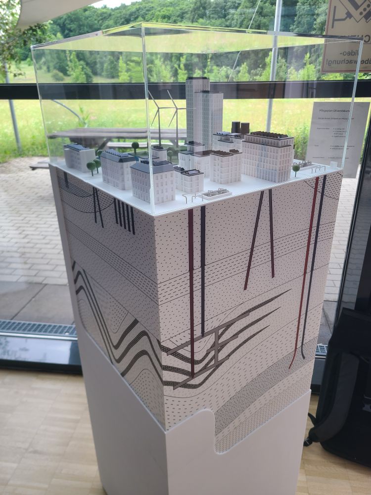 Freestanding 3d model of a town using mine workings for geothermal energy. 