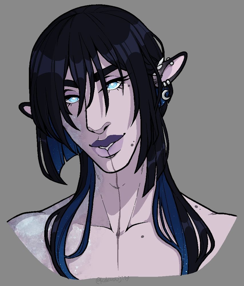 a cel shaded portrait of my oc, tiernan, smiling insinuatively with his hair draping around his face. his eyes both an icy blue look at the viewer from beneath his long lashes.