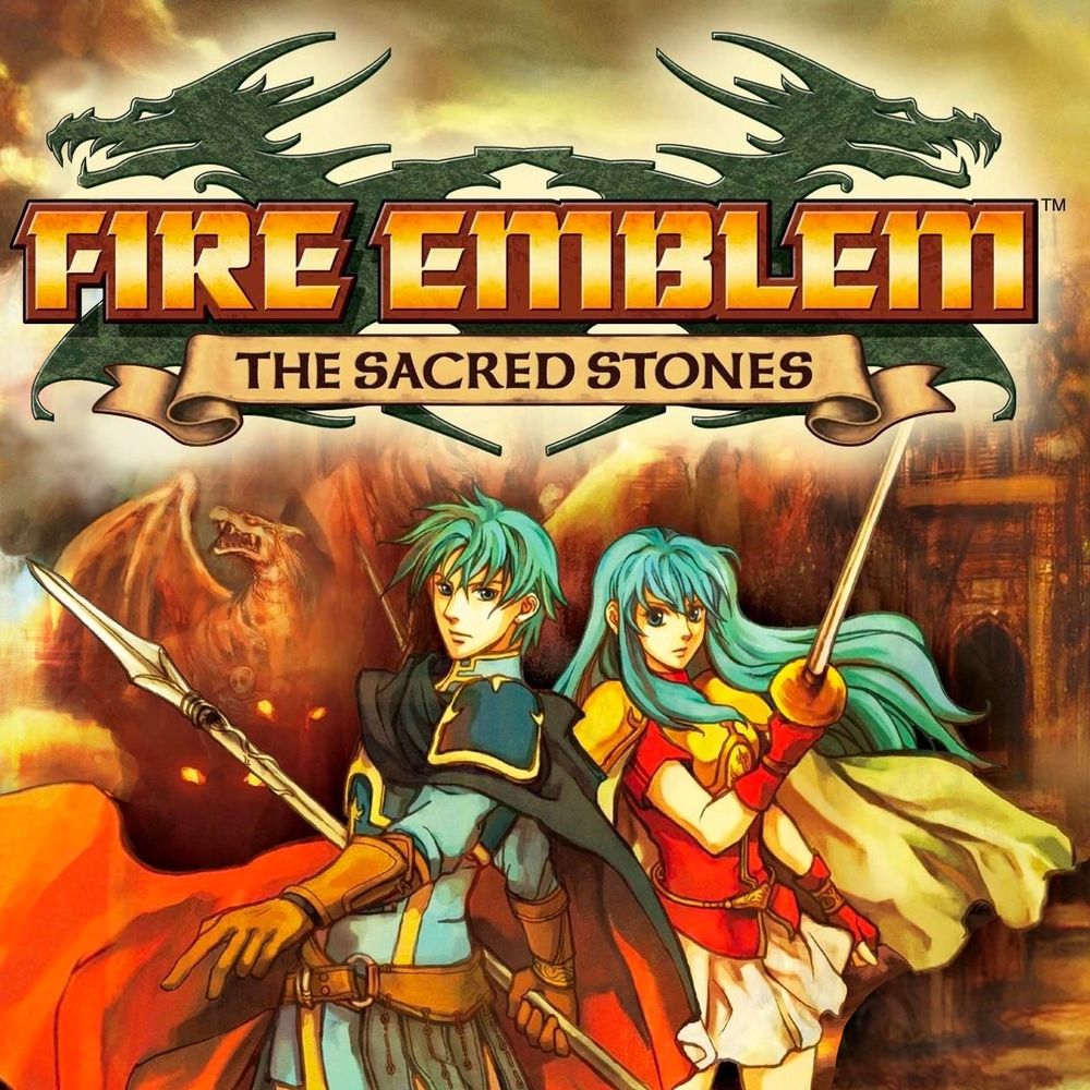 The cover art for the game Fire Emblem: The Sacred Stones. It features the two main characters, Ephraim and Eirika, each wielding their respective weapons; a lance and a rapier. A pair of dragon silhouettes frame the title, while the background includes a different dragon and a castle.