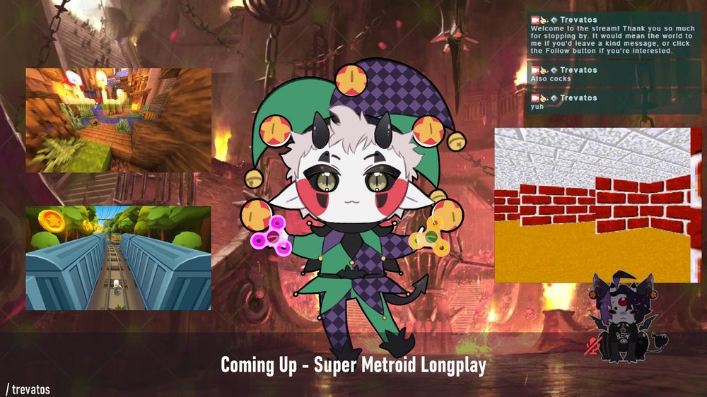 Screenshot of Trevatos stream from Twitch, depicting an implike character in a green and purple jester outfit
