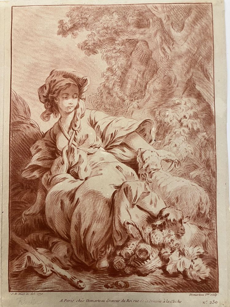 Crayongravyr av Gilles Demarteau, efter François Boucher. En ung herdinna sitter under ett träd. Hon håller ett lamm i ett band, lammet tittar kärleksfullt på henne. 