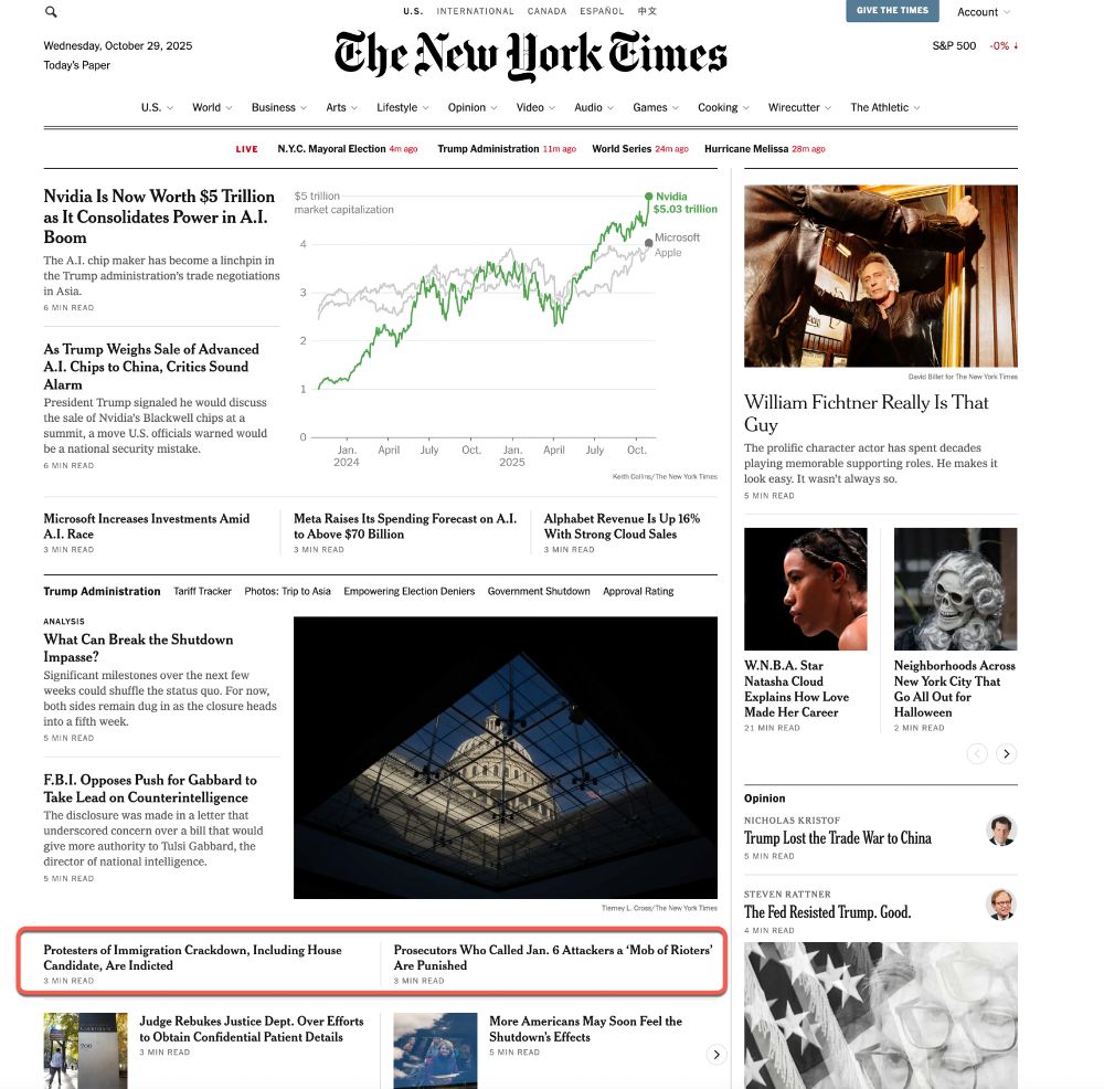NYT story about arrest has headline "Protesters of Immigration Crackdown, Including House Candidate, Indicted." You need to scroll down past six other stories to find it--in a small font. Next to it is a story with the headline, "Prosecutors Who Called Jan. 6 Attackers a ‘Mob of Rioters’ Are Punished"