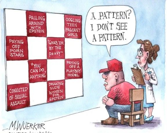 A cartoon drawing of a female doctor holding a clipboard in an exam room standing next to a male patient who is wearing a red hat, red shirt, jeans and boots. He's sitting in a chair facing a huge wall chart of checkerboard squares showing 8 times trump was a documented pervert. The caption bubble above maga man reads "I don't see a pattern"
