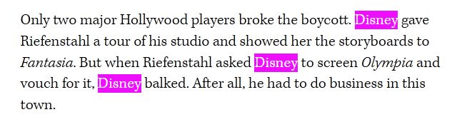 Only two major Hollywood players broke the boycott. Disney gave Riefenstahl a tour of his studio and showed her the storyboards to Fantasia. But when Riefenstahl asked Disney to screen Olympia and vouch for it, Disney balked. After all, he had to do business in this town.