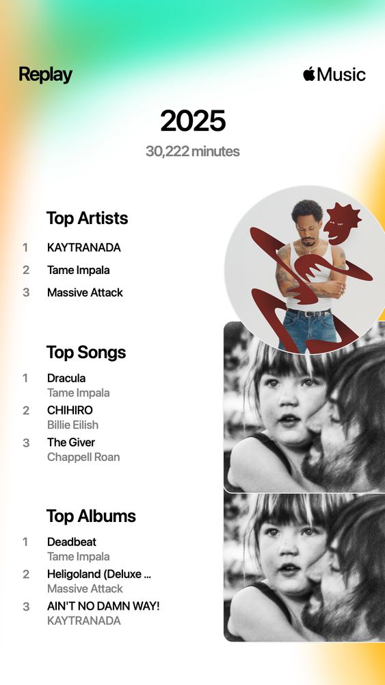 Replay
Apple Music
2025
30,222 minutes
Top Artists
KAYTRANADA
Tame Impala
Massive Attack
Top Songs
Dracula
Tame Impala
CHIHIRO
Billie Eilish
The Giver
Chappell Roan
Top Albums
Deadbeat lame Impala
Heligoland (Deluxe..
Massive Attack
AIN'T NO DAMN WAY!
KAYTRANADA