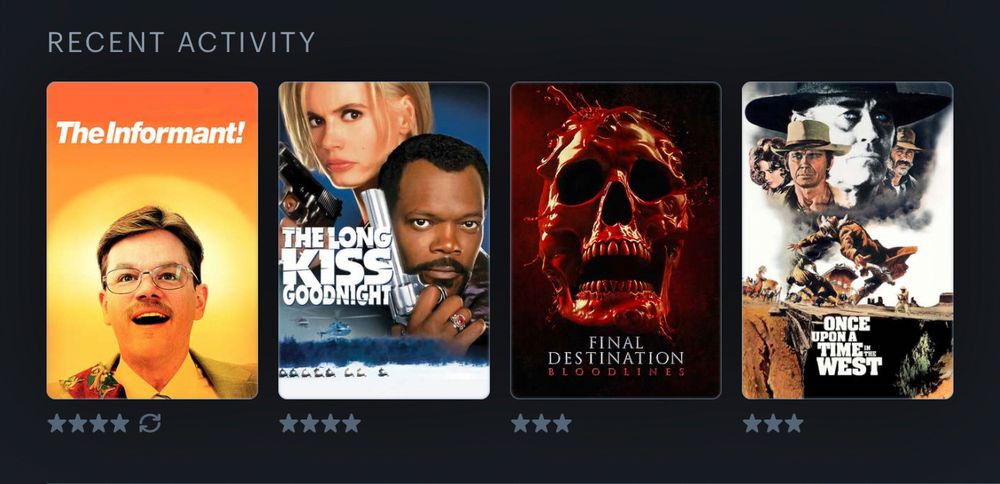 Letterboxd recent activity
The Informant! Rewatch 4 stars
The Long Kiss Goodnight 4 stars
Final Destination: Bloodlines 3 stars
Once Upon a Time in the West 3 stars