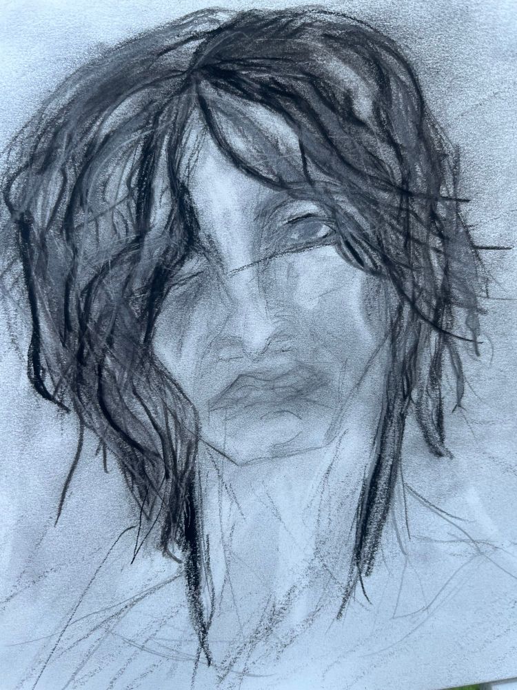 Charcoal and pencil sketch of poor Scott crying eyeliner tears with fierce hair and sadness. 