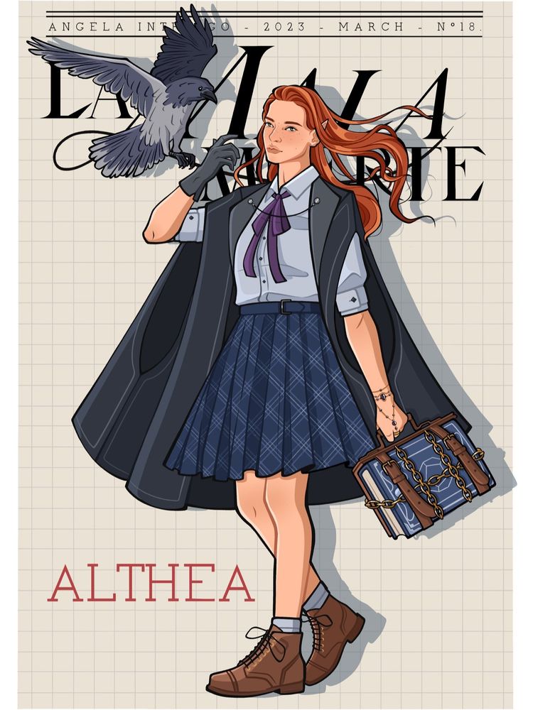 Character illustration done in a magazine style with header stating in all capitals "Angela Intriago - 2023 - March - Nº 18" followed by "La Mala Muerte" in much larger (almost cursive) text. Towards the bottom left it states "Althea" in medium sized red block text. In front of the text, Althea stands at a slight angle - she is an elf with long red hair, green eyes & freckles; her left arm is hanging down holding a book strap & her right arm is angled up for a bird to land on her gloved hand. She is wearing jewelry (pearl earring on left ear, jeweled bracelet that connects to a ring on left hand) & a school uniform (light blue button up shirt with sleeves rolled up & a purple lavallière style bow, a navy checkered skirt, brown half boots with socks pushed down & a black cape overcoat). Her hooded crow has its wings outstretched as it comes in for a landing. Within the brown book strap is a navy book, with filigree featuring a large dodecahedron, wrapped in chains.