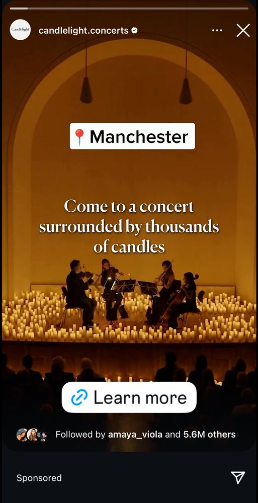 Instagram ad for Candlelight Concerts with the tagline, "Come to a concert surrounded by thousands of candles"