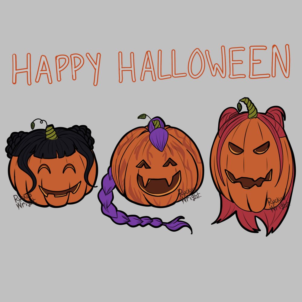 Rumi, zoey, and mira from kpop demon hunters as pumpkins