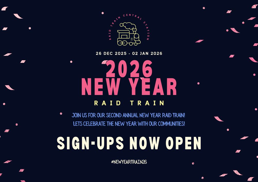 An infographic for Raid Train Central Station's second annual New Year Raid Train. The background is a deep blue with pink confetti around the edges. At the top centre is the Raid Train Central Stations logo in yellow & pink. The text below reads as follows: "26 DEC 2025 - 02 JAN 2026. 2026 NEW YEAR RAID TRAIN. Join us for our second annual New Year Raid Train. Lets celebrate the new year with our communities. Sign-Ups Now Open. #NewYearTrain26."