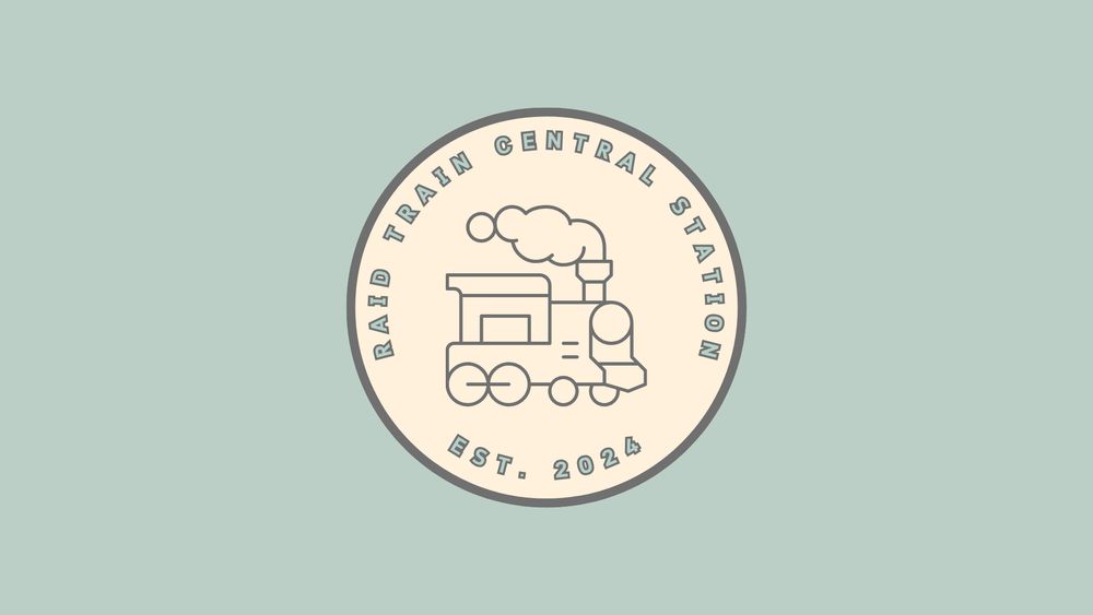 The image is an infographic for the Raid Train Central Station. The background is a solid blue, with a circular logo at the centre that includes an outline of a train and the words "Raid Train Central Station, Est. 2024" around the edges of the circle. 
