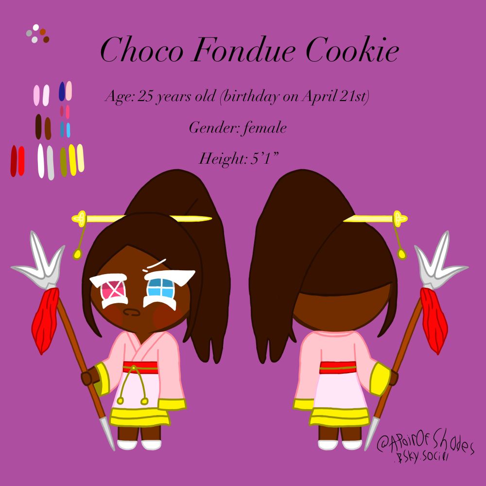 Another friend of Fudge Brownie Cookie. Choco Fondue Cookie prefers to attack more on the frontlines despite her appearance. When Fudge Brownie Cookie tried to leave Dark Cacao’s Kingdom to hunt Burnt Charcoal Cookie, she and Swiss Roll Cookie forced him to tag them along for the ride. She knows some embarassing secrets about him.