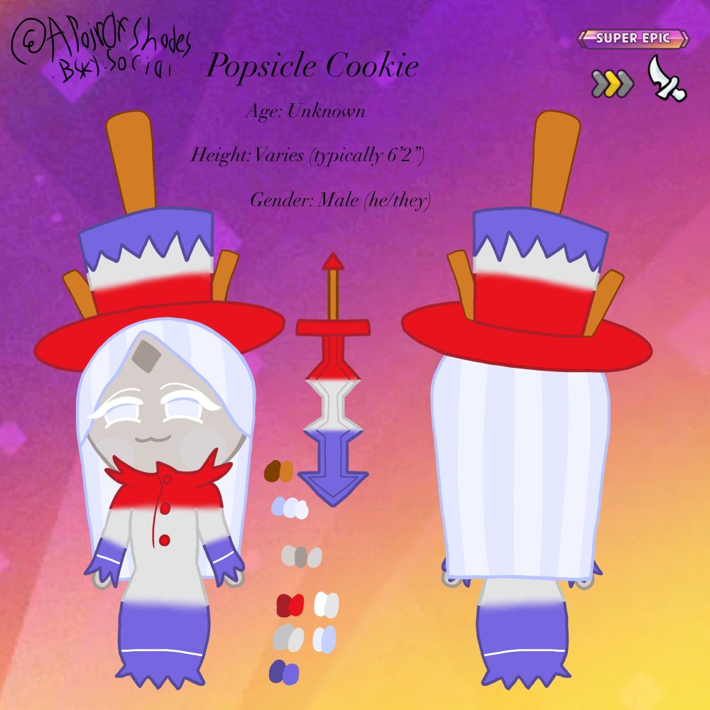 An aquaintence of Burnt Charcoal Cookie. She doesn’t normally give them things to do so Popsicle Cookie acts like a loose canon 90% of the time. He is also made up of a combination of dough and wind so their form can change into a lot of different things depending on how he feels. The sword is inspired by Dark Cacao Cookie’s sword and Popsicle Cookie just replicated it using wind and other materials. They don’t walk and actually hover above the ground. Same with his sword which floats beside him.