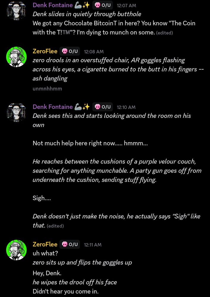A discord transcript of the cyber hacker types fumbling about for drugs and snacks