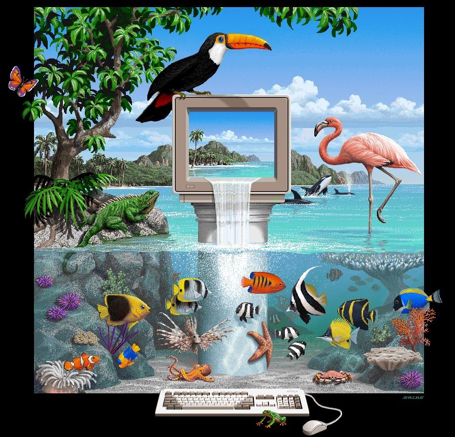 extremely detailed pixel art of an amiga computer sitting on a column with water pouring out of the monitor and filling a reef filled with bright fish, a pink flamingo, orca whales, a distant mountain and a toucan on top of the monitor - all spilling out from the screen.