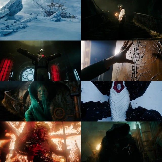 A montage of cool shots from the movie. A ship stuck in the artic ice, a flaming angel of death, etc.a