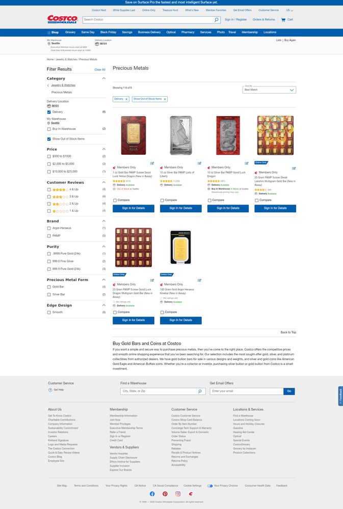 Costco precious metals page showing gold/silver bars in stock