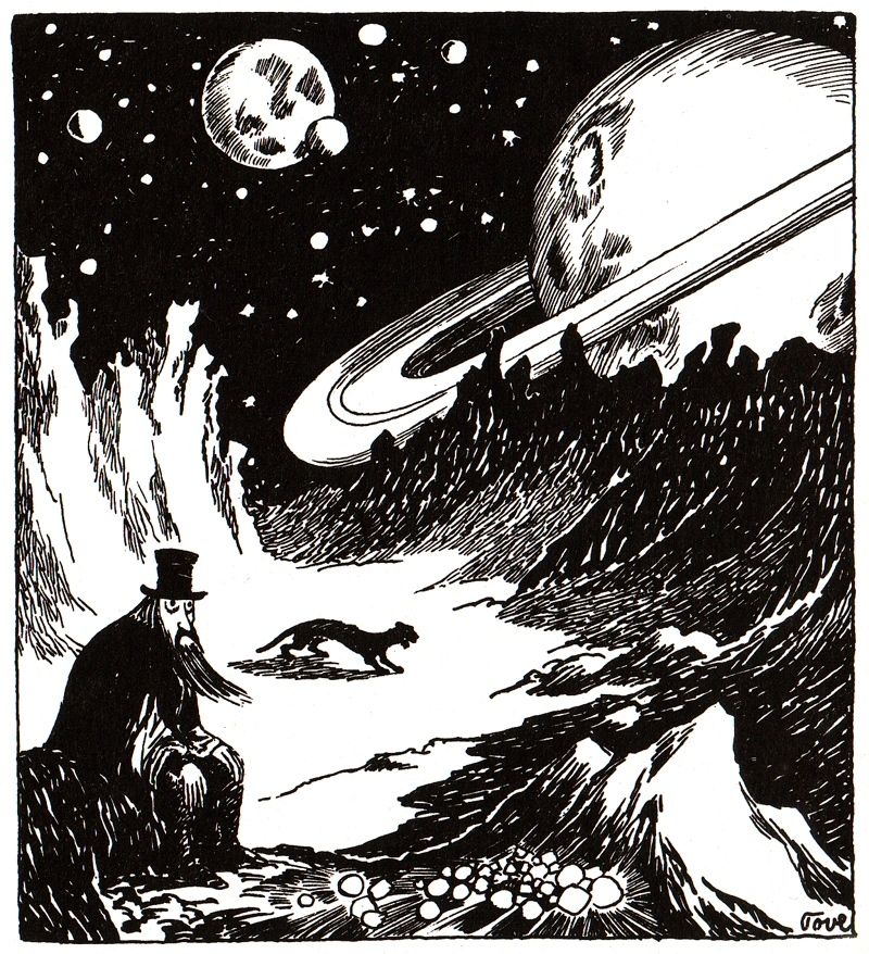 The Hobgoblin from Finn Family Moomintroll, travelling the universe with his top hat and his black panther (here sitting on a moon near a ringed planet).