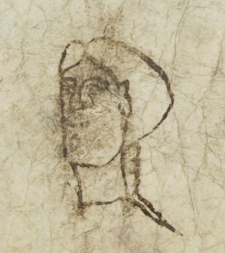 An ink doodle of a head. The face has carefully drawn eyes, eyebrows and nose; there is a large chin (with a soul patch?? It’s what it looks like), and above this a small, neat smile (reminiscent of an archaic Greek statue). The hair is fair and thick and gathered into a braid at the nape of the neck.