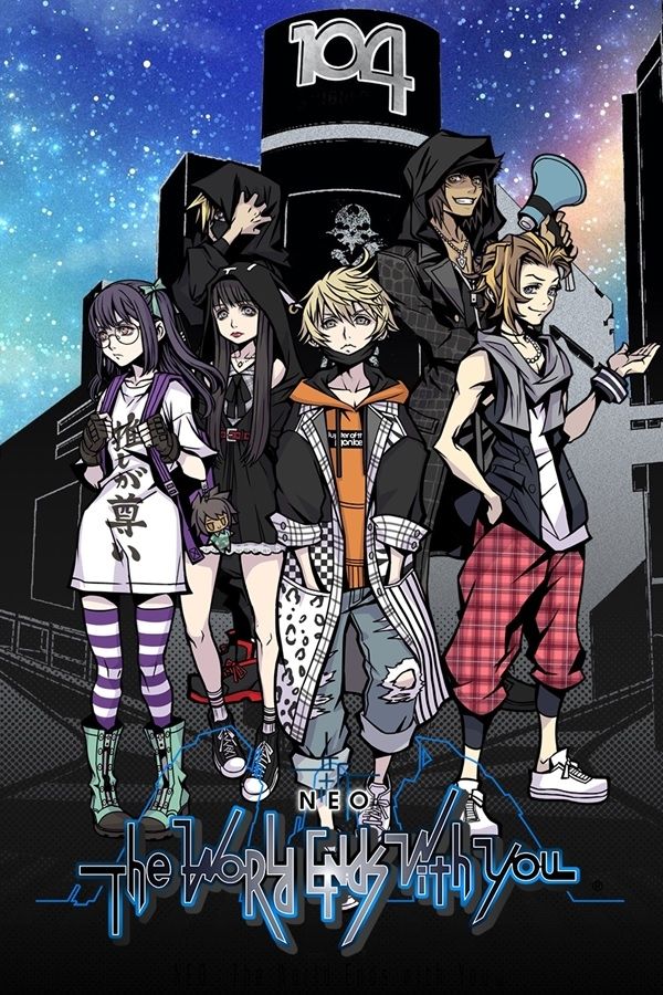 the poster/cover art for neo the world ends with you, with 6 of the characters arranged in a tableau