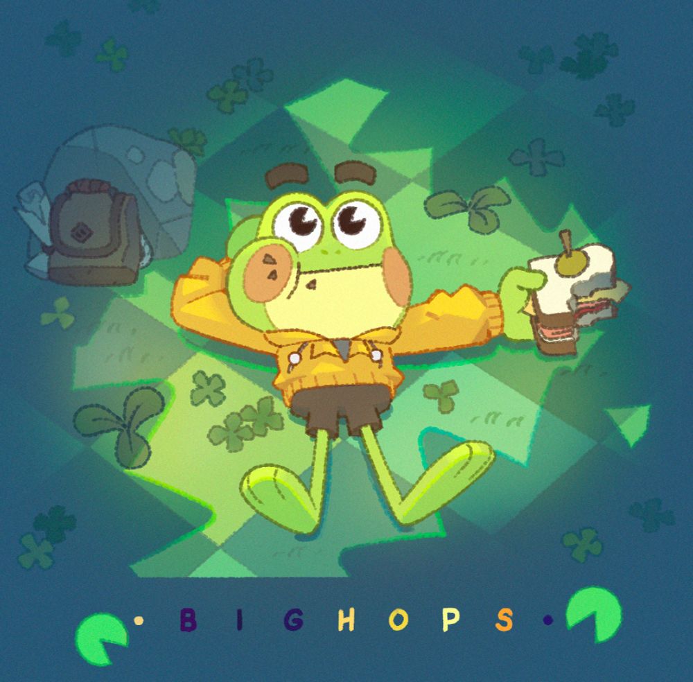 An illustration of Hop, the main character of Big Hops, laying in the grass and eating a sandwich.