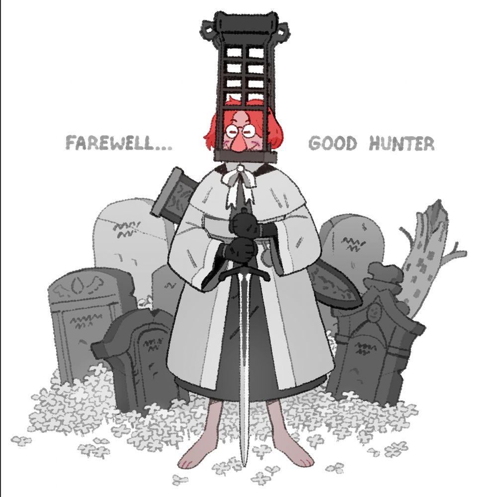 An illustration of a Big Boy, a big-nosed pink-haired Hunter standing amongst flowers and gravestones.