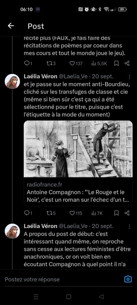 et je passe sur le moment anti-Bourdieu, cliché sur les transfuges de classe et cie (même si bien sûr c'est ça qui a été sélectionné pour le titre, puisque c'est l'étiquette à la mode du moment)

A propos du post de début: c'est intéressant quand même, on reproche sans cesse aux lectures féministes d'être anachroniques, or on voit bien en écoutant Compagnon à quel point il n'a pas du tout d'approche historicisée. C'est le roman = la vérité anhistorique de l'humain