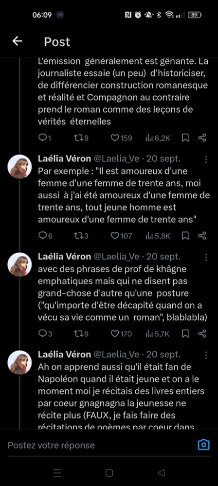 Par exemple : "Il est amoureux d'une femme d'une femme de trente ans, moi aussi  à j'ai été amoureux d'une femme de trente ans, tout jeune homme est amoureux d'une femme de trente ans"

avec des phrases de prof de khâgne emphatiques mais qui ne disent pas grand-chose d'autre qu'une  posture ("qu'importe d'être décapité quand on a vécu sa vie comme un  roman", blablabla)

Ah on apprend aussi qu'il était fan de Napoléon quand il était jeune et on a le moment moi je récitais des livres entiers par coeur gnagnagna la jeunesse ne récite plus (FAUX, je fais faire des récitations de poèmes par coeur dans mes cours et tout le monde joue le jeu).