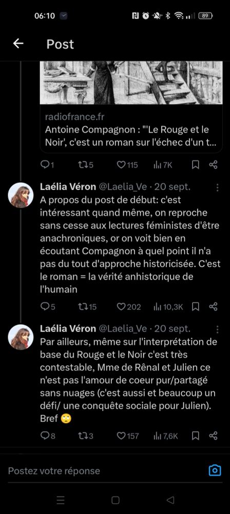 Par ailleurs, même sur l'interprétation de base du Rouge et le Noir c'est très contestable, Mme de Rênal et Julien ce n'est pas l'amour de coeur pur/partagé sans nuages (c'est aussi et beaucoup un défi/ une conquête sociale pour Julien). Bref 🙄