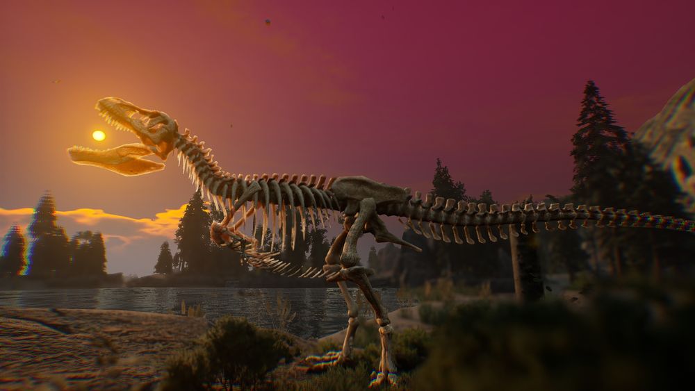 A skeleton Trex roaring into the sunset above a lake. The sun happens to be positioned in the rex's mouth 