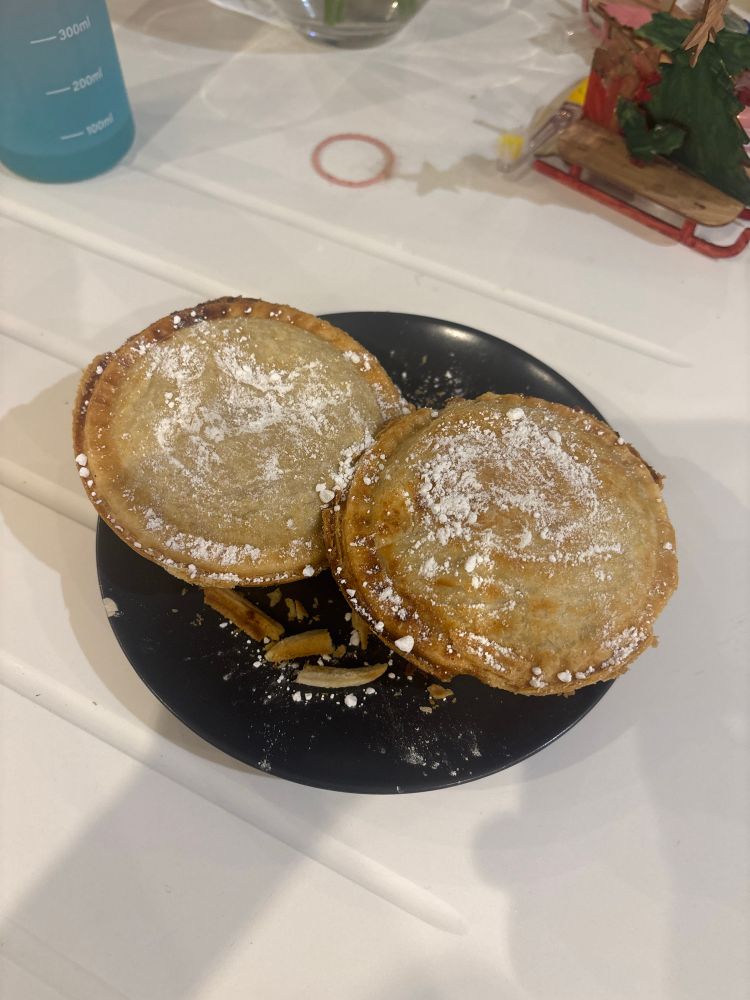 Two gigantic mince pies that I covered in icing sugar so that I know that this is the sweet one and not bite into it expecting chicken 