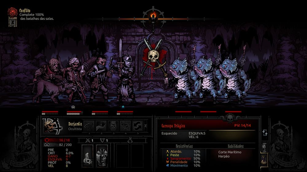 print screen do jogo Darkest Dungeon, mostrando o time que montei (um cavaleiro, um bandido, um ocultista e um mestre de cães) prestes a enfrentar um trio de monstros aquaticos humanoides num calabouço escuro... metade superior da tela é composta pelos times um de frente ao outro esperando sua vez de atacar (é um jogo de turnos), a metade de baixo mostram os dados e equipamntos de cada personagem a medida que são selecionados